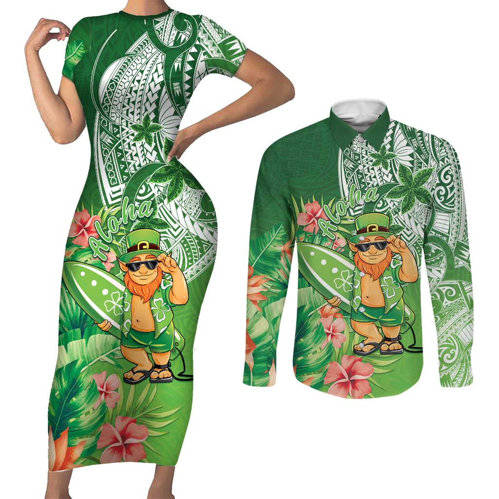 Aloha Hawaii St Patrick's Day Couples Matching Short Sleeve Bodycon Dress and Long Sleeve Button Shirt Polynesian Style