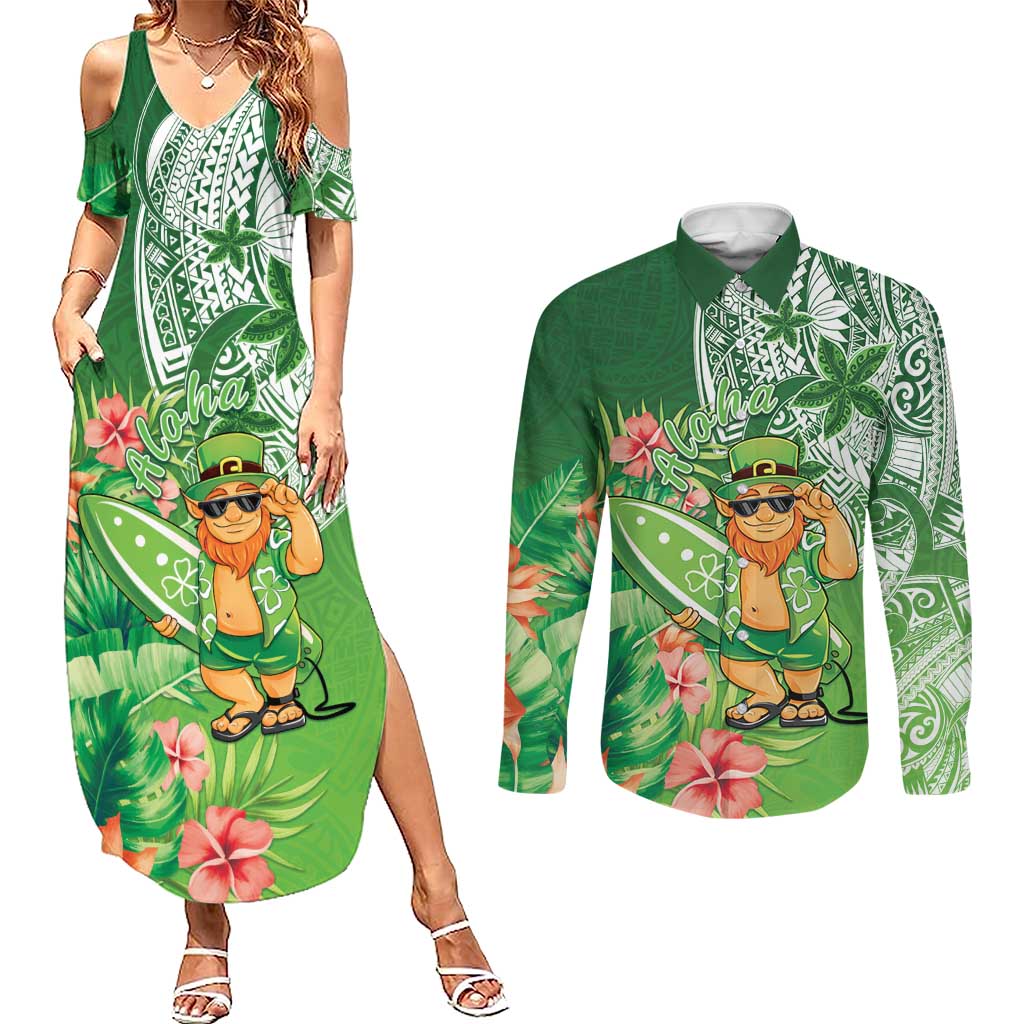 Aloha Hawaii St Patrick's Day Couples Matching Summer Maxi Dress and Long Sleeve Button Shirt Polynesian Style