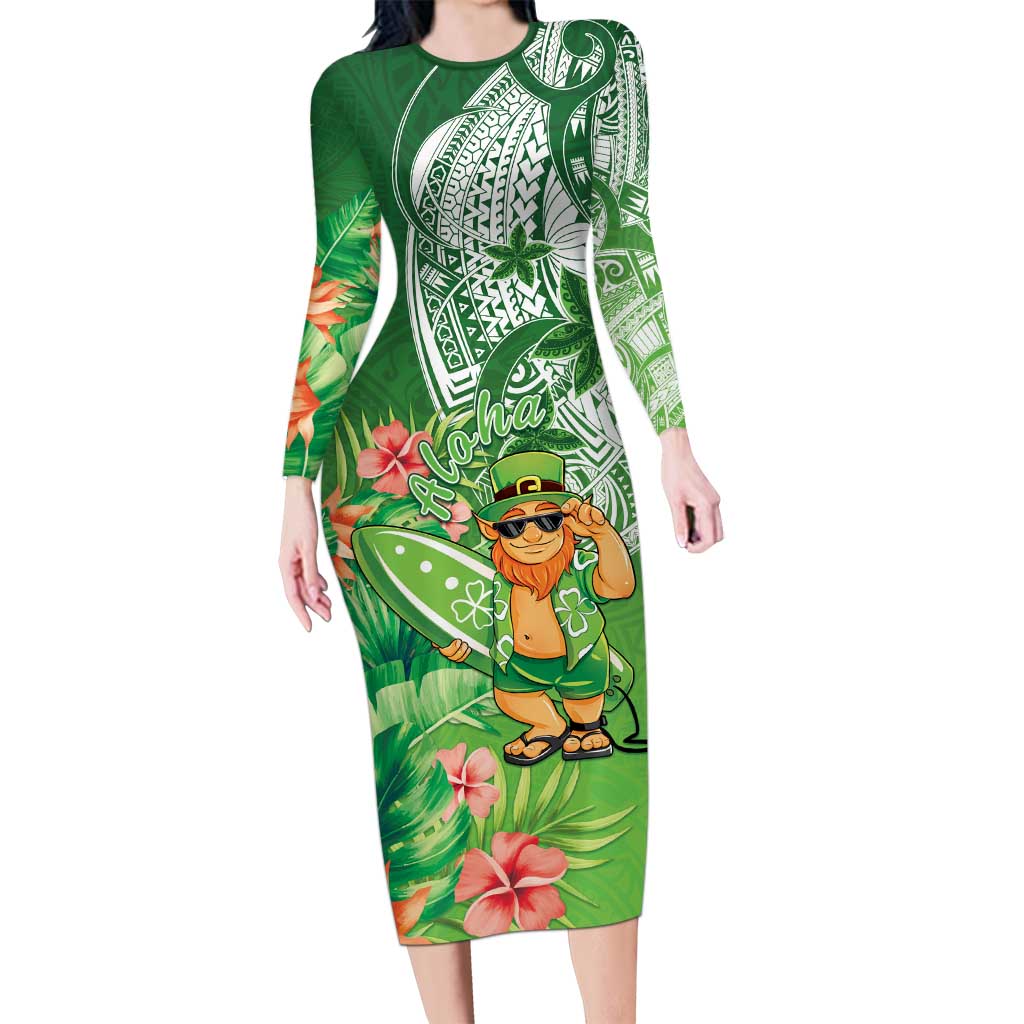 Aloha Hawaii St Patrick's Day Family Matching Long Sleeve Bodycon Dress and Hawaiian Shirt Polynesian Style