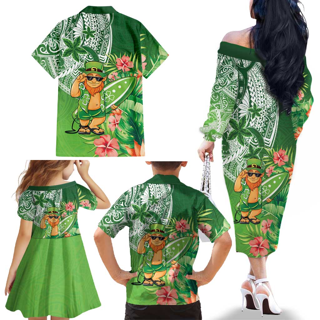 Aloha Hawaii St Patrick's Day Family Matching Off The Shoulder Long Sleeve Dress and Hawaiian Shirt Polynesian Style