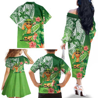 Aloha Hawaii St Patrick's Day Family Matching Off The Shoulder Long Sleeve Dress and Hawaiian Shirt Polynesian Style