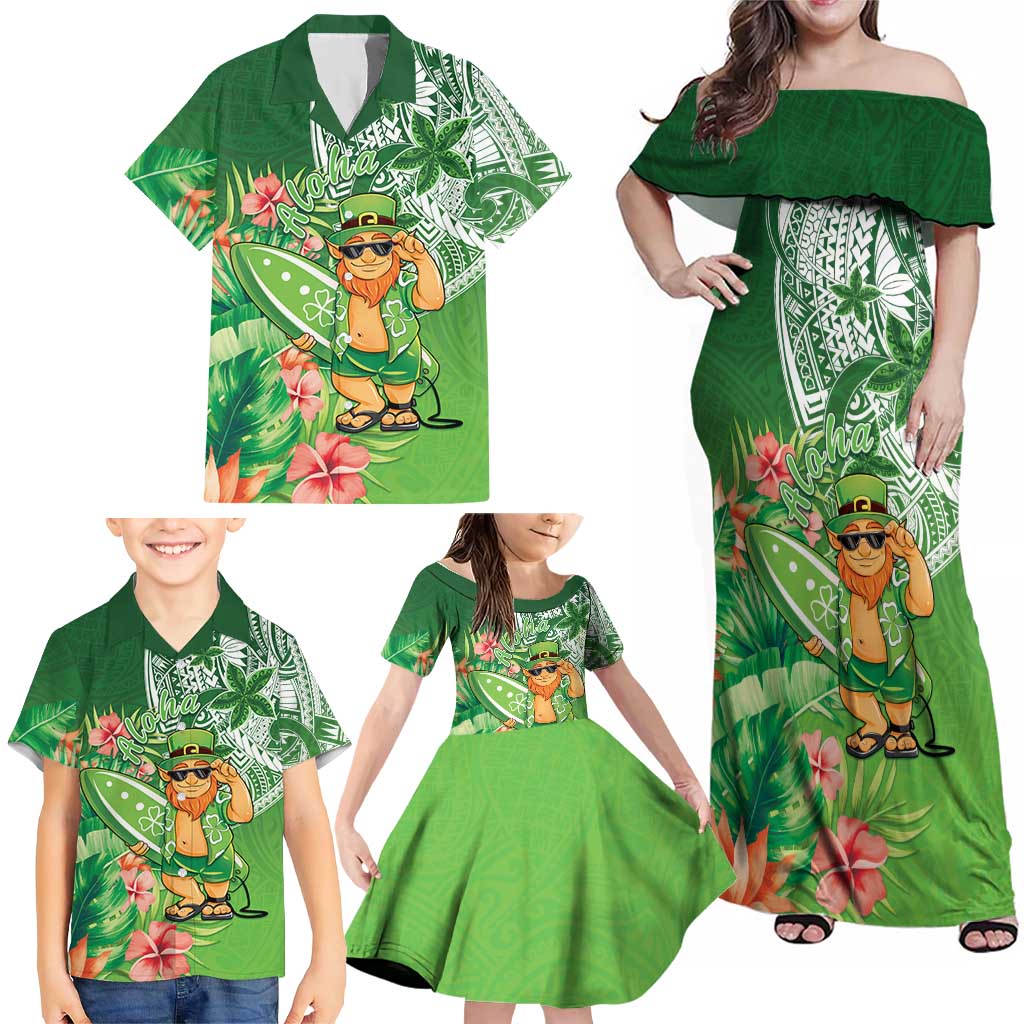 Aloha Hawaii St Patrick's Day Family Matching Off Shoulder Maxi Dress and Hawaiian Shirt Polynesian Style