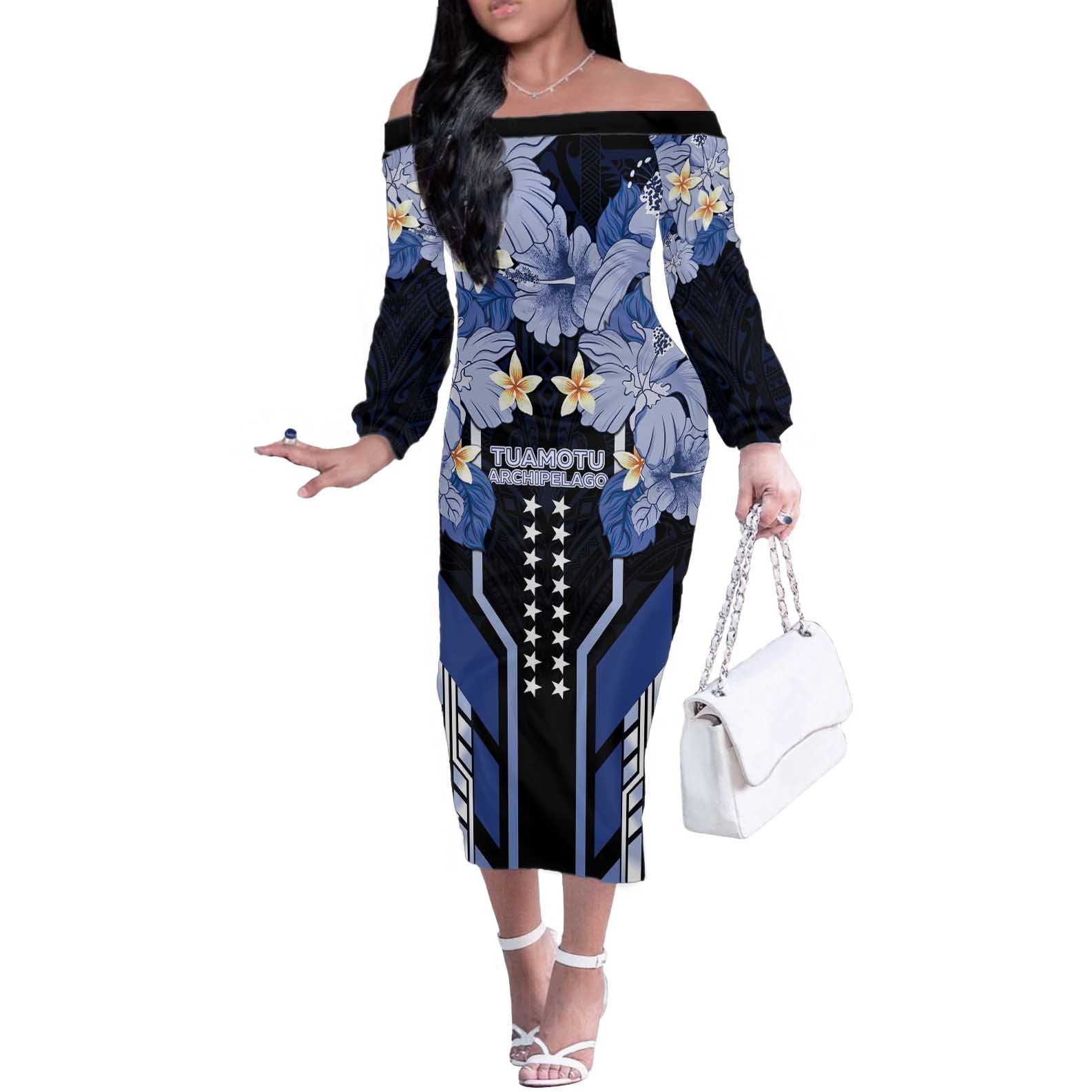 French Polynesia Tuamotu Archipelago Off The Shoulder Long Sleeve Dress Polynesian Pattern Unique Style