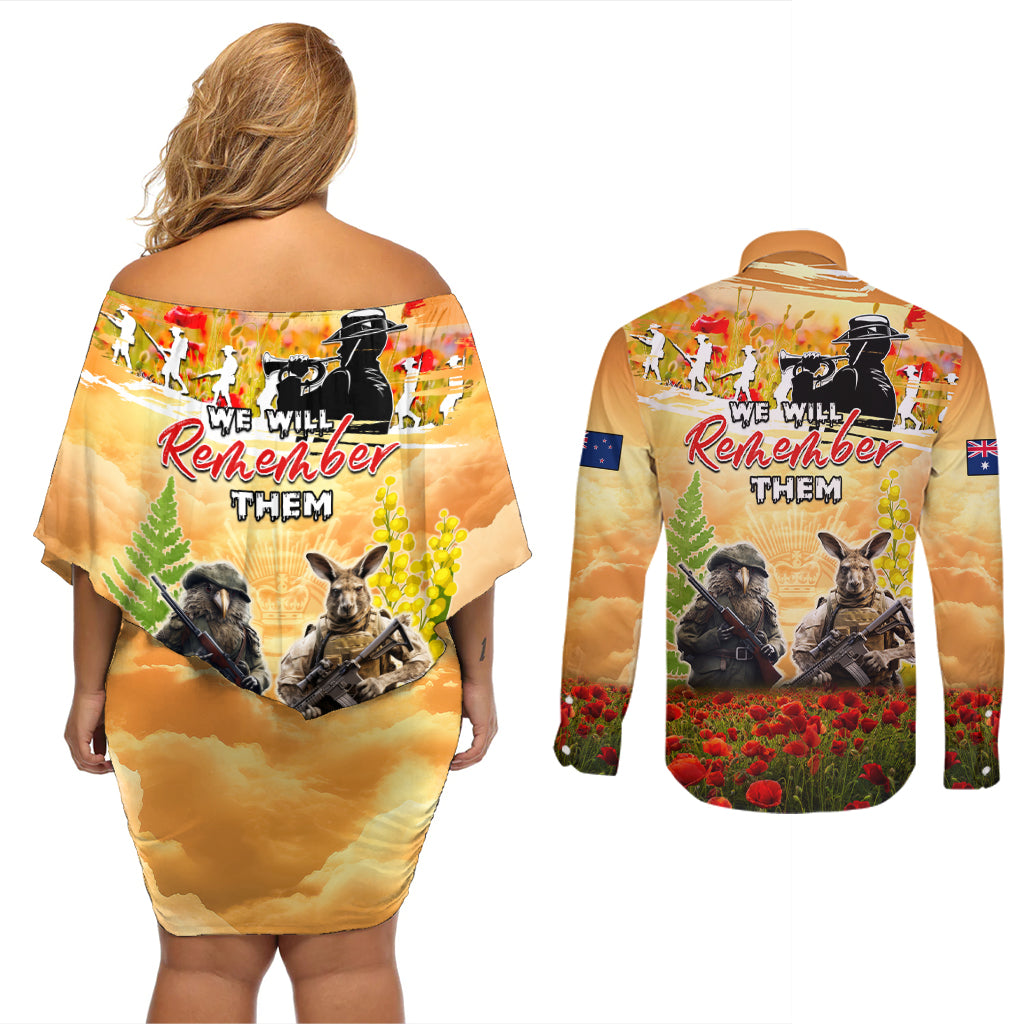 Australia And New Zealand ANZAC Day Couples Matching Off Shoulder Short Dress and Long Sleeve Button Shirt Kangaroo And Kiwi Bird Soldiers Lest We Forget LT05 - Polynesian Pride