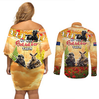Australia And New Zealand ANZAC Day Couples Matching Off Shoulder Short Dress and Long Sleeve Button Shirt Kangaroo And Kiwi Bird Soldiers Lest We Forget LT05 - Polynesian Pride