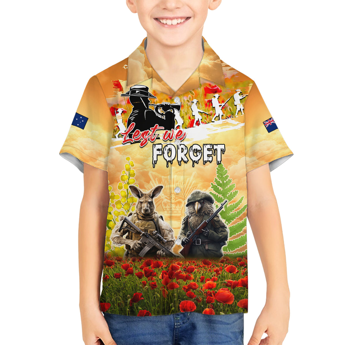Australia And New Zealand ANZAC Day Family Matching Off The Shoulder Long Sleeve Dress and Hawaiian Shirt Kangaroo And Kiwi Bird Soldiers Lest We Forget LT05 Son's Shirt Yellow - Polynesian Pride