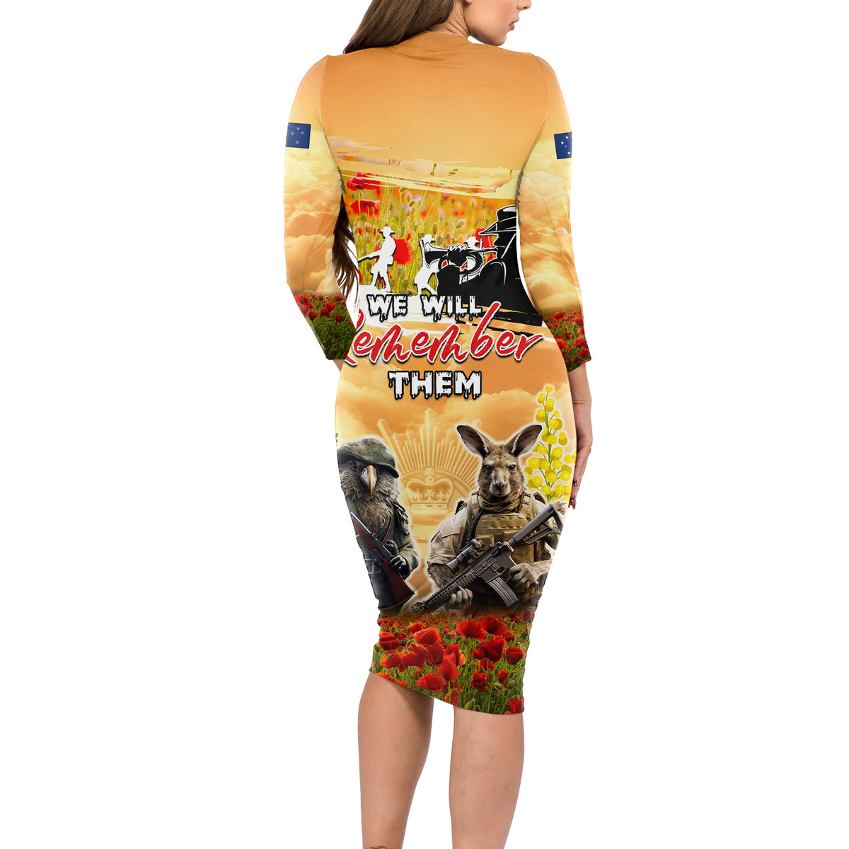 Australia And New Zealand ANZAC Day Long Sleeve Bodycon Dress Kangaroo And Kiwi Bird Soldiers Lest We Forget LT05 - Polynesian Pride
