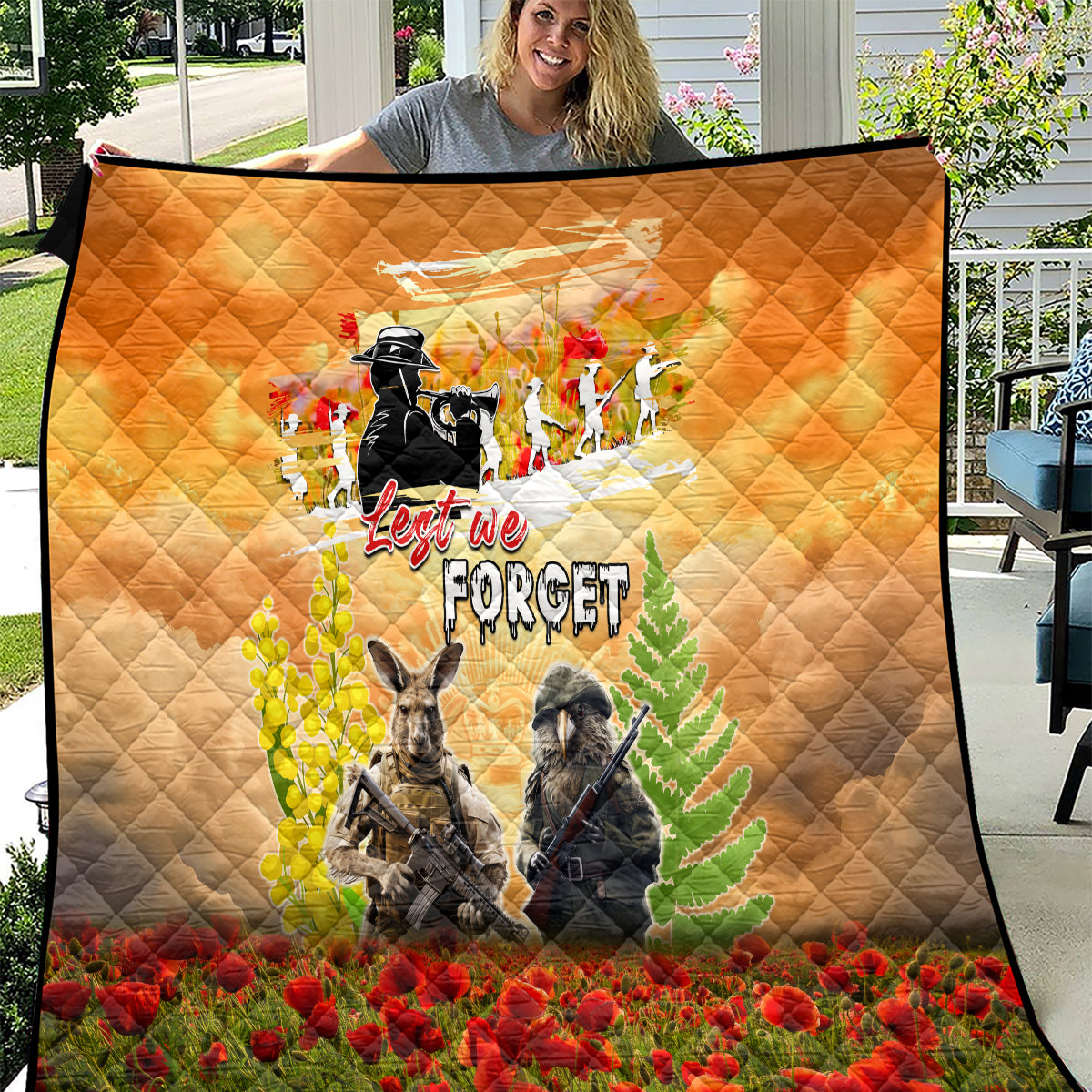 Australia And New Zealand ANZAC Day Quilt Kangaroo And Kiwi Bird Soldiers Lest We Forget LT05 Yellow - Polynesian Pride
