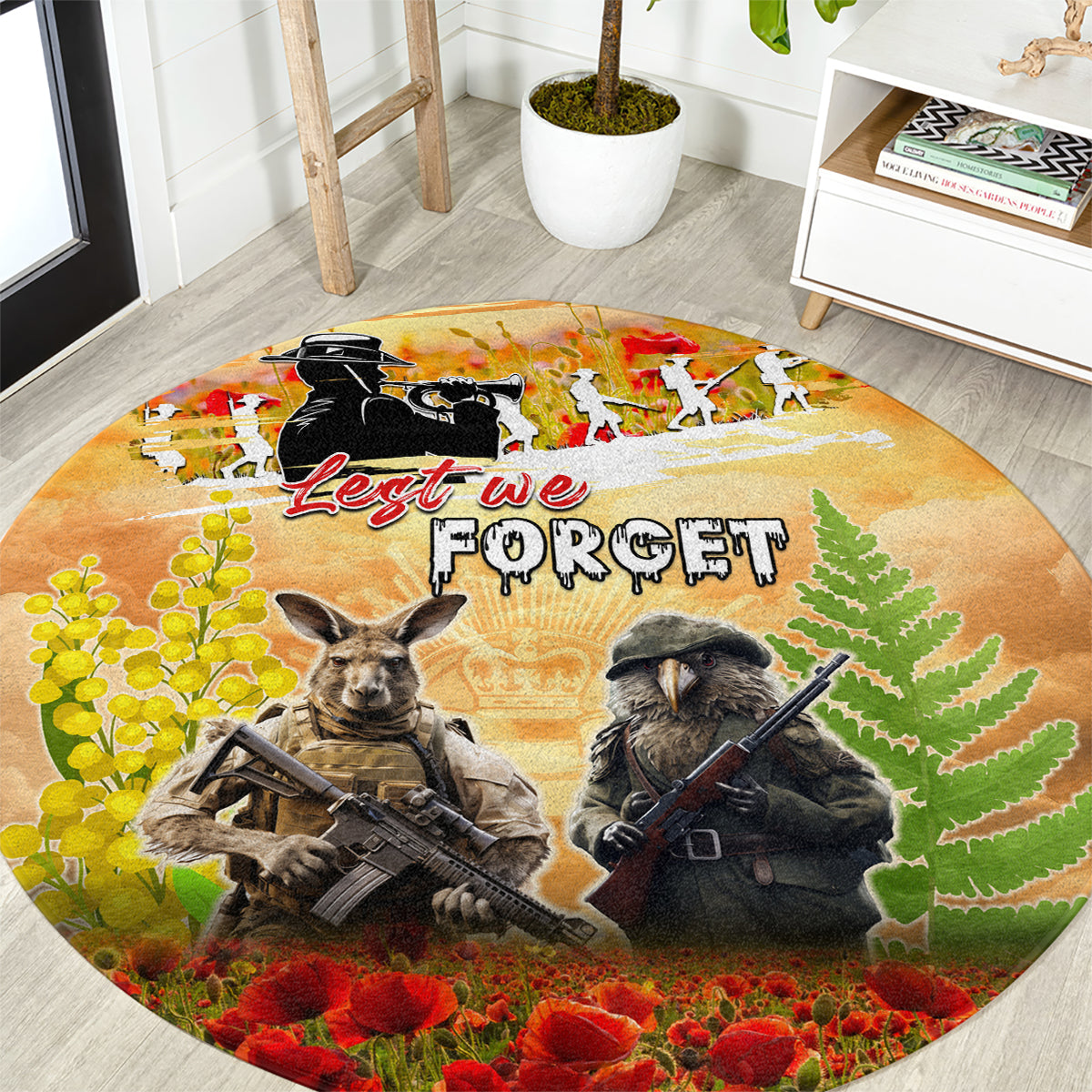 Australia And New Zealand ANZAC Day Round Carpet Kangaroo And Kiwi Bird Soldiers Lest We Forget LT05 Yellow - Polynesian Pride