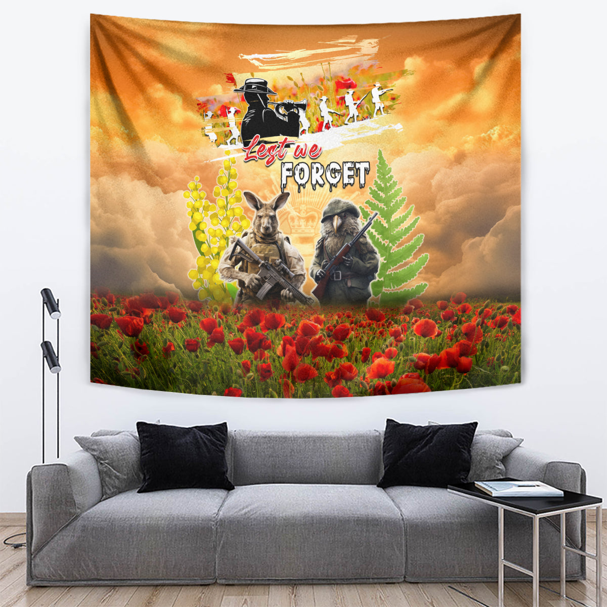 Australia And New Zealand ANZAC Day Tapestry Kangaroo And Kiwi Bird Soldiers Lest We Forget LT05 Yellow - Polynesian Pride