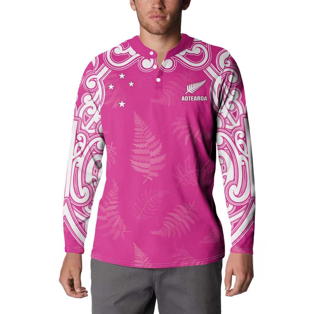 New Zealand Fern Women Rugby Custom Button Sweatshirt Pink Maori Pattern