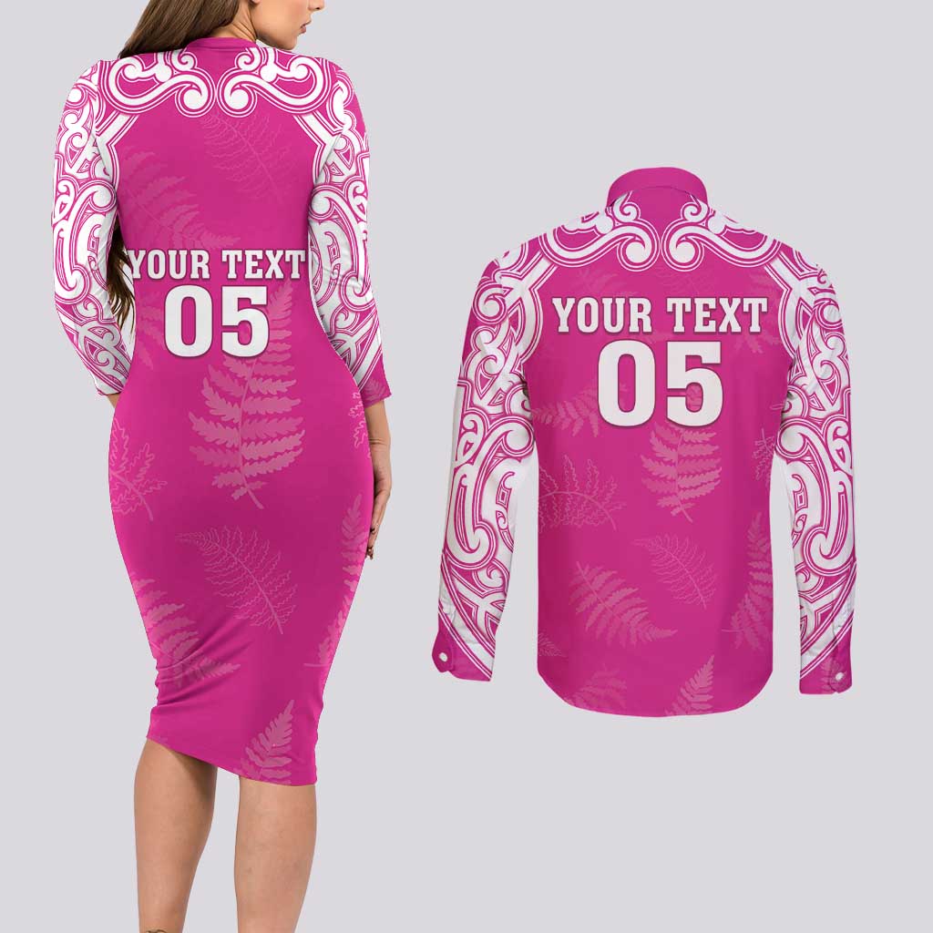New Zealand Fern Women Rugby Custom Couples Matching Long Sleeve Bodycon Dress and Long Sleeve Button Shirt Pink Maori Pattern