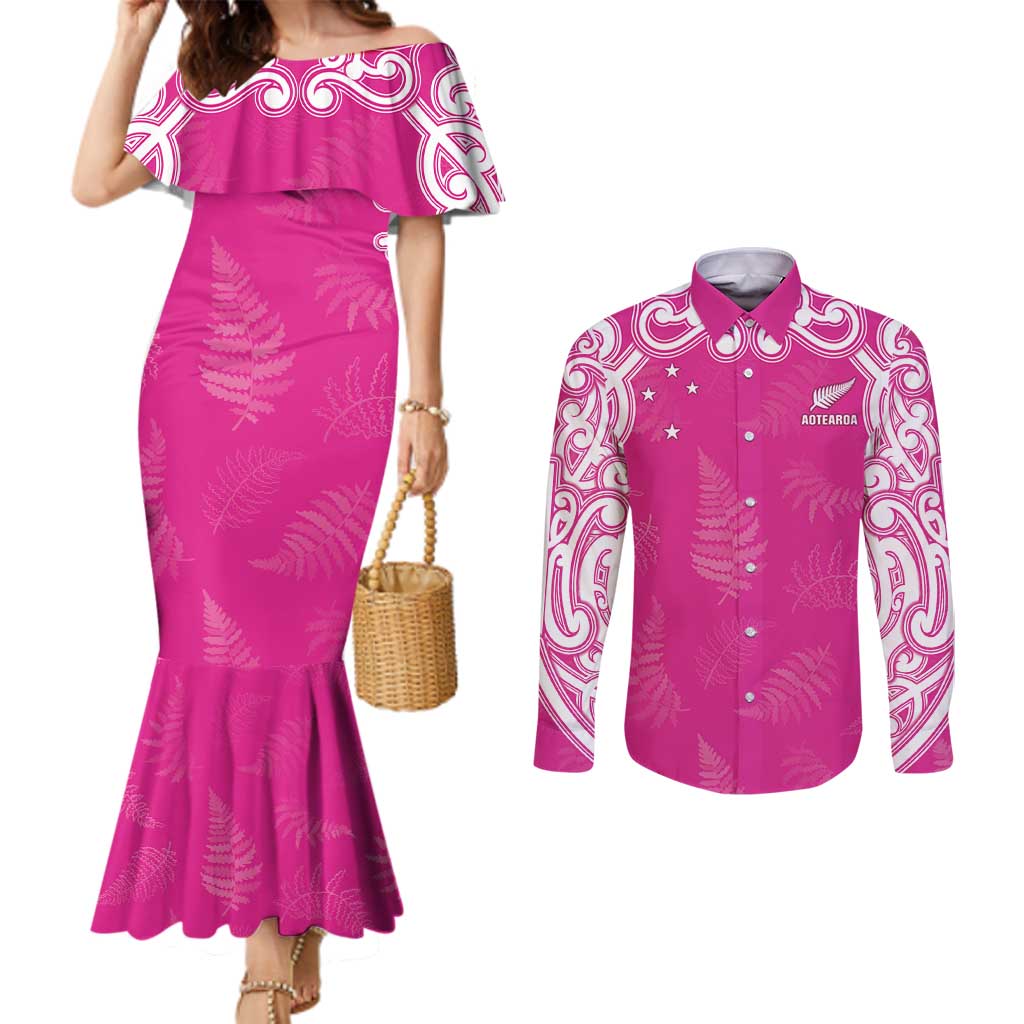 New Zealand Fern Women Rugby Custom Couples Matching Mermaid Dress and Long Sleeve Button Shirt Pink Maori Pattern