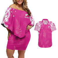 New Zealand Fern Women Rugby Custom Couples Matching Off Shoulder Short Dress and Hawaiian Shirt Pink Maori Pattern