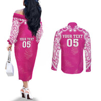 New Zealand Fern Women Rugby Custom Couples Matching Off The Shoulder Long Sleeve Dress and Long Sleeve Button Shirt Pink Maori Pattern