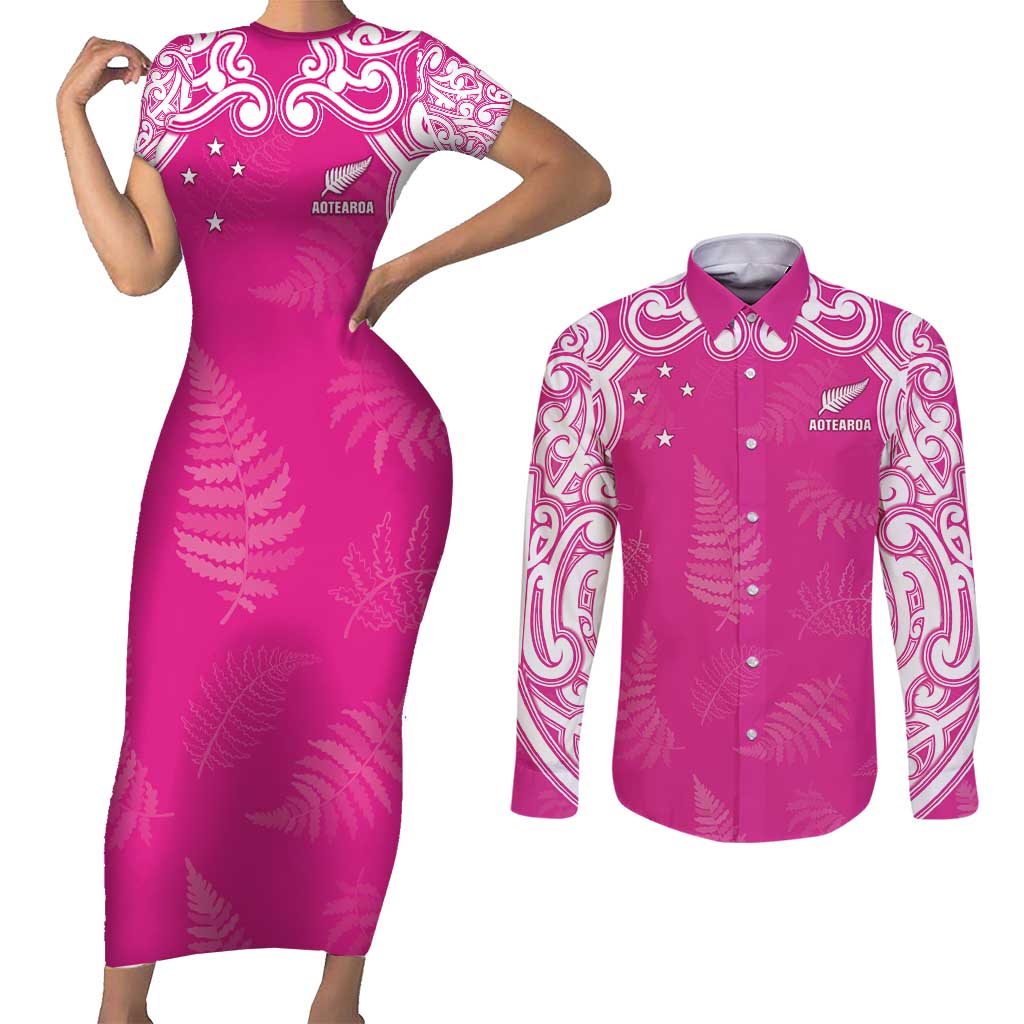 New Zealand Fern Women Rugby Custom Couples Matching Short Sleeve Bodycon Dress and Long Sleeve Button Shirt Pink Maori Pattern