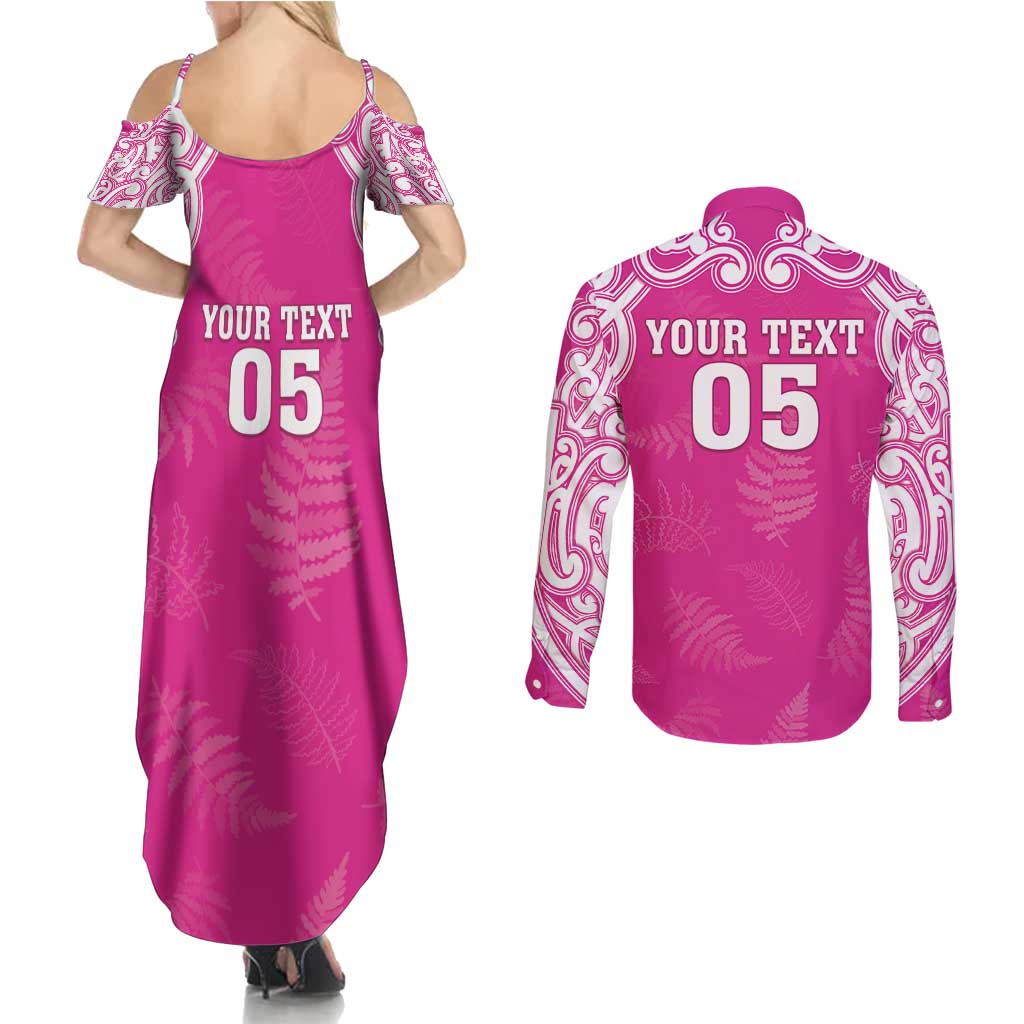 New Zealand Fern Women Rugby Custom Couples Matching Summer Maxi Dress and Long Sleeve Button Shirt Pink Maori Pattern