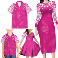 New Zealand Fern Women Rugby Custom Family Matching Long Sleeve Bodycon Dress and Hawaiian Shirt Pink Maori Pattern