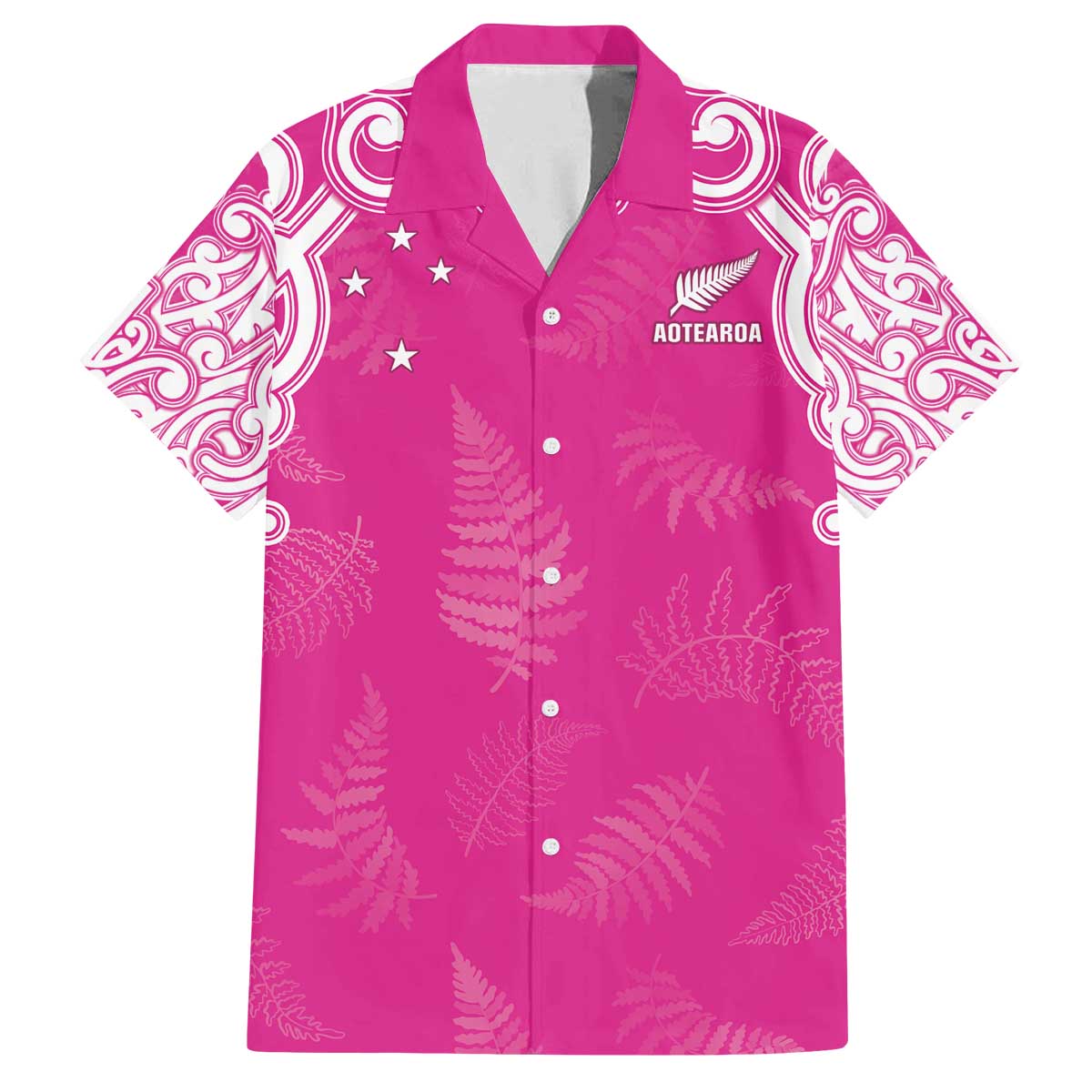 New Zealand Fern Women Rugby Custom Family Matching Off The Shoulder Long Sleeve Dress and Hawaiian Shirt Pink Maori Pattern