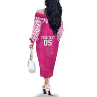 New Zealand Fern Women Rugby Custom Family Matching Off The Shoulder Long Sleeve Dress and Hawaiian Shirt Pink Maori Pattern