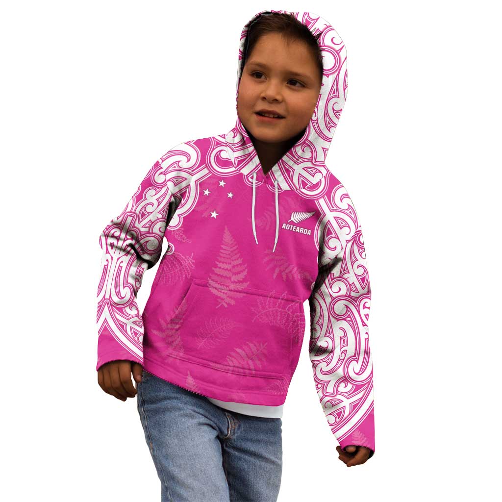 New Zealand Fern Women Rugby Custom Kid Hoodie Pink Maori Pattern