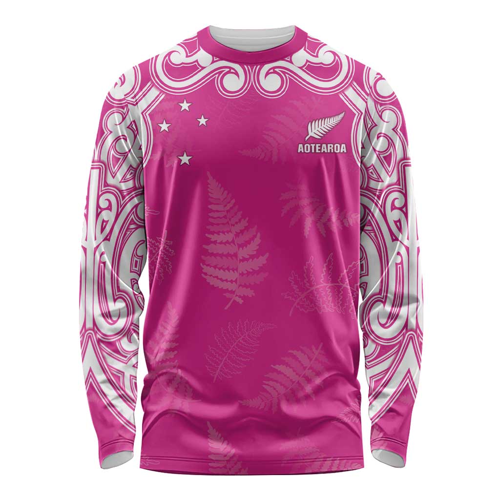 New Zealand Fern Women Rugby Custom Long Sleeve Shirt Pink Maori Pattern