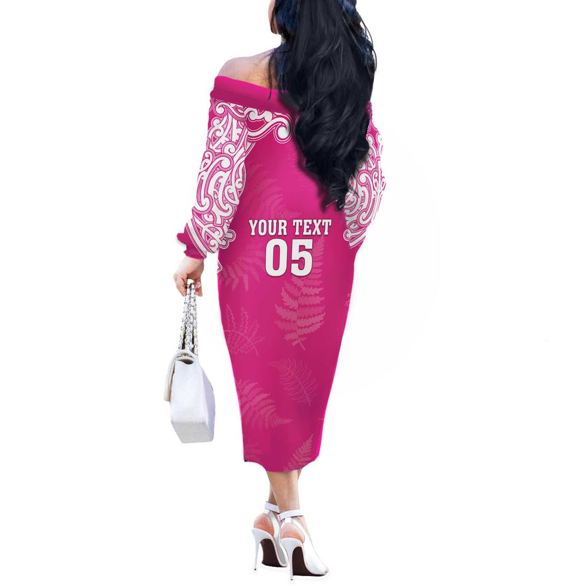 New Zealand Fern Women Rugby Custom Off The Shoulder Long Sleeve Dress Pink Maori Pattern