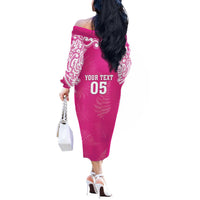 New Zealand Fern Women Rugby Custom Off The Shoulder Long Sleeve Dress Pink Maori Pattern