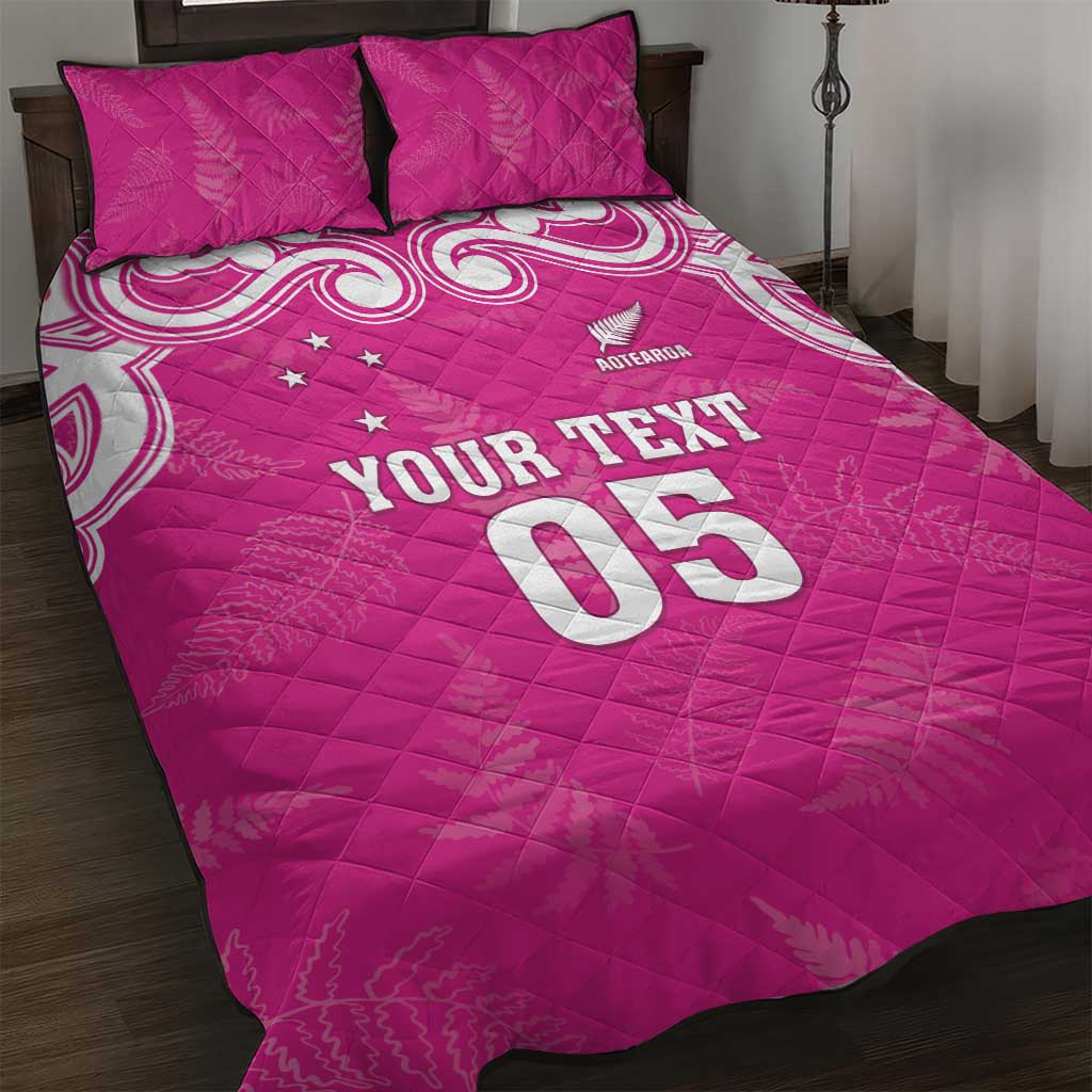 New Zealand Fern Women Rugby Custom Quilt Bed Set Pink Maori Pattern