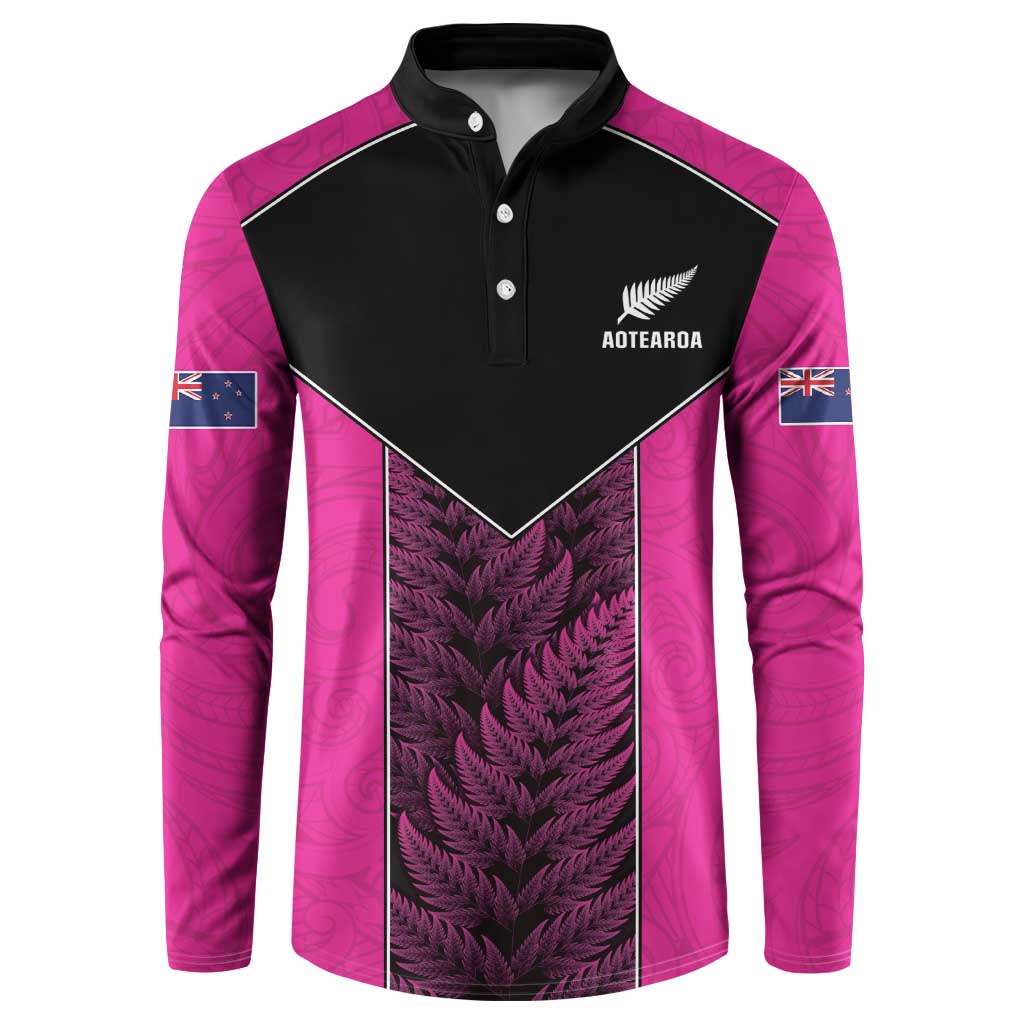New Zealand Fern Rugby Custom Button Sweatshirt Pink Maori Pattern