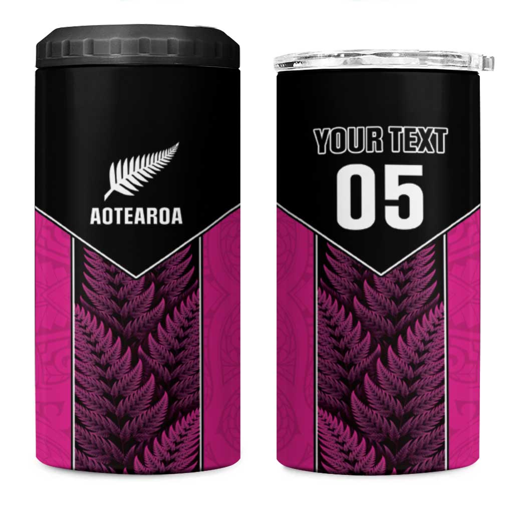 New Zealand Fern Rugby Custom 4 in 1 Can Cooler Tumbler Pink Maori Pattern