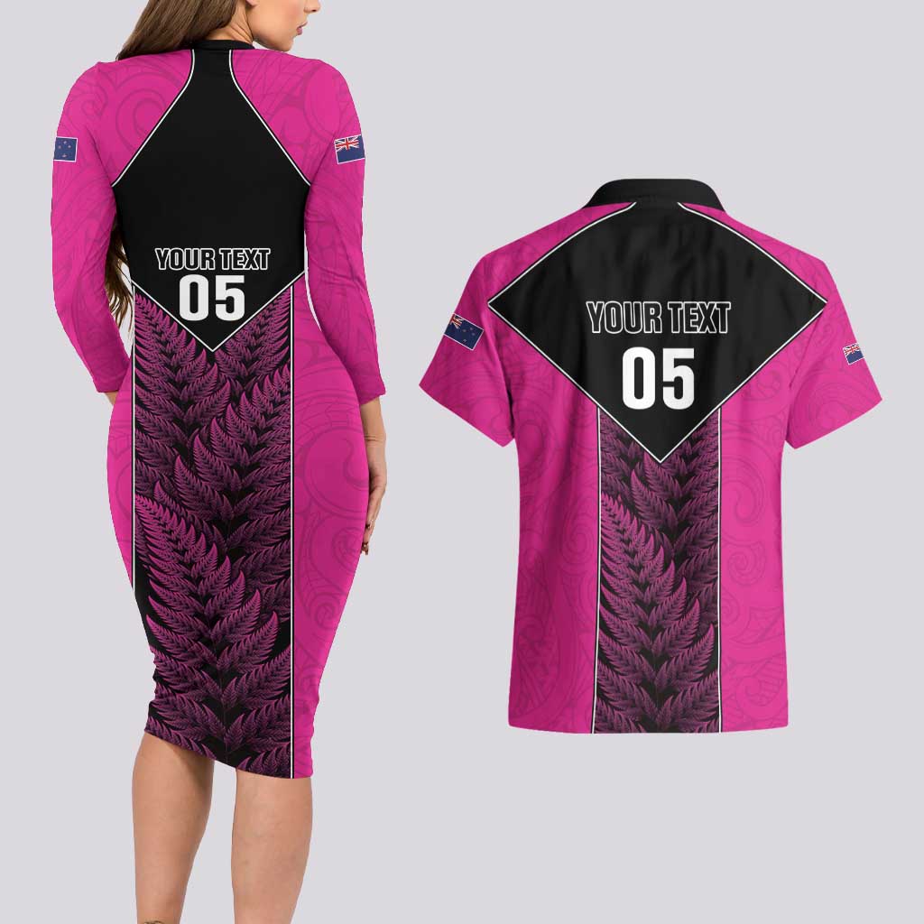 New Zealand Fern Rugby Custom Couples Matching Long Sleeve Bodycon Dress and Hawaiian Shirt Pink Maori Pattern