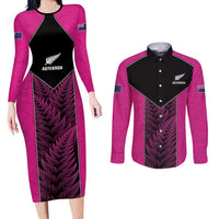 New Zealand Fern Rugby Custom Couples Matching Long Sleeve Bodycon Dress and Long Sleeve Button Shirt Pink Maori Pattern