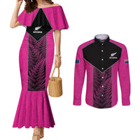 New Zealand Fern Rugby Custom Couples Matching Mermaid Dress and Long Sleeve Button Shirt Pink Maori Pattern