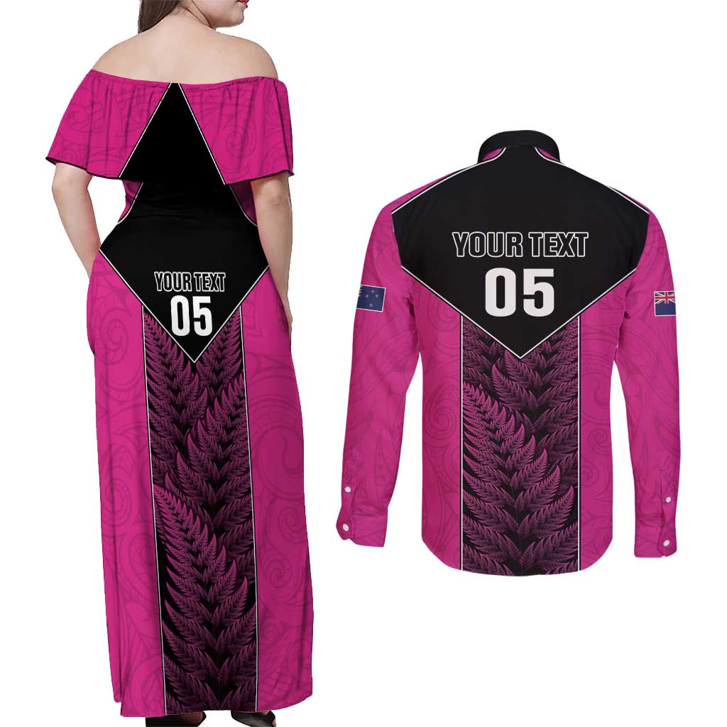 New Zealand Fern Rugby Custom Couples Matching Off Shoulder Maxi Dress and Long Sleeve Button Shirt Pink Maori Pattern