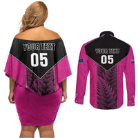 New Zealand Fern Rugby Custom Couples Matching Off Shoulder Short Dress and Long Sleeve Button Shirt Pink Maori Pattern