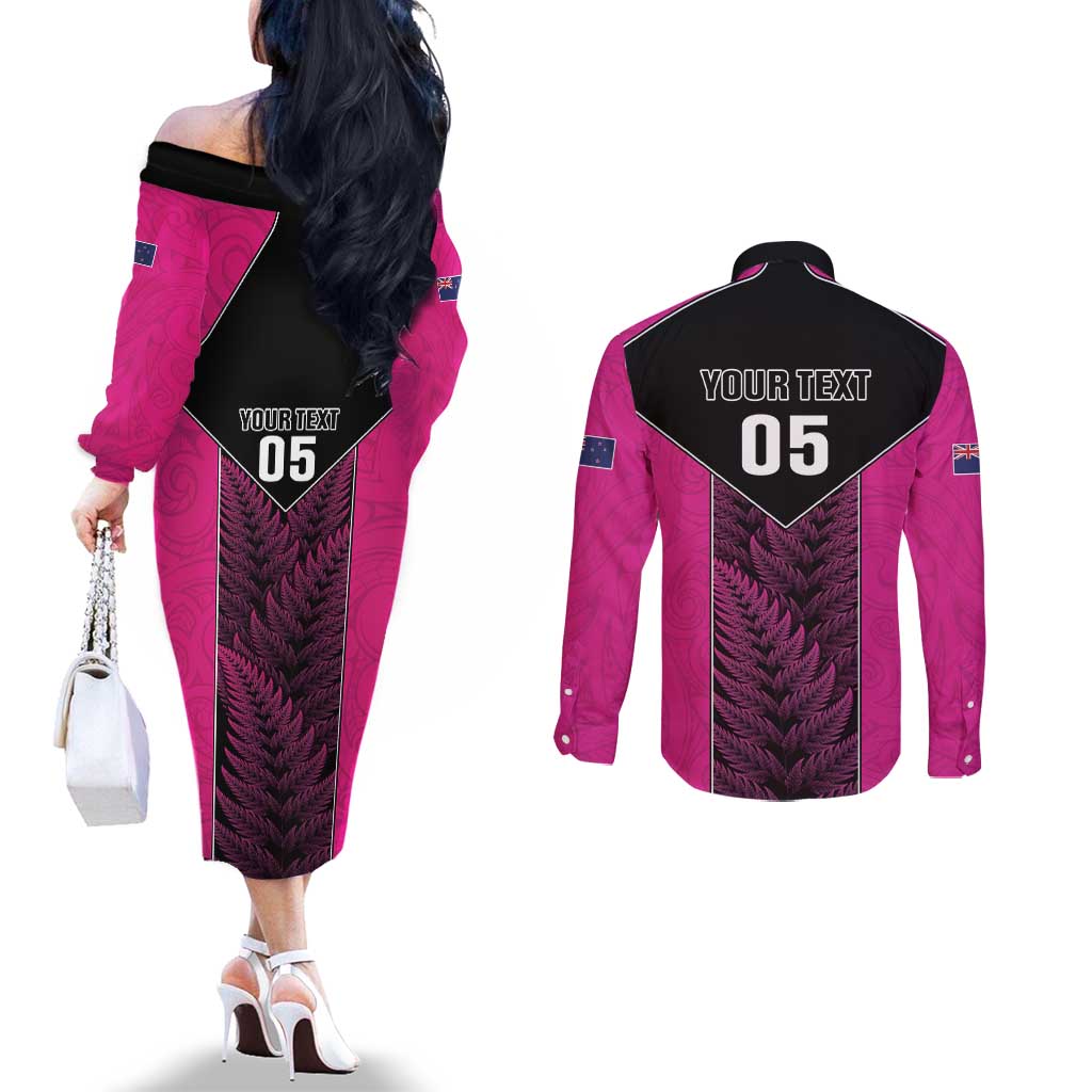New Zealand Fern Rugby Custom Couples Matching Off The Shoulder Long Sleeve Dress and Long Sleeve Button Shirt Pink Maori Pattern