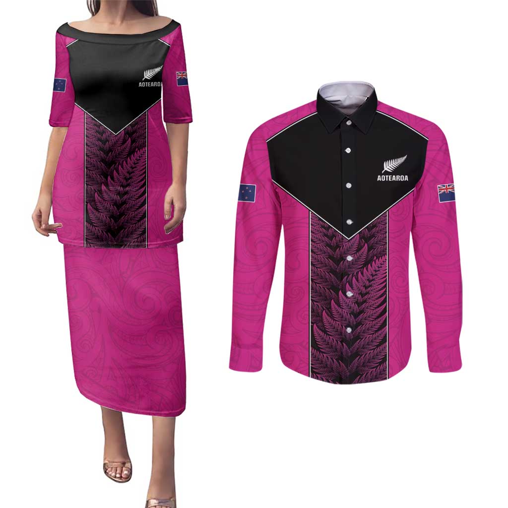 New Zealand Fern Rugby Custom Couples Matching Puletasi and Long Sleeve Button Shirt Pink Maori Pattern