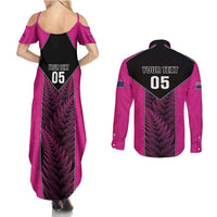 New Zealand Fern Rugby Custom Couples Matching Summer Maxi Dress and Long Sleeve Button Shirt Pink Maori Pattern