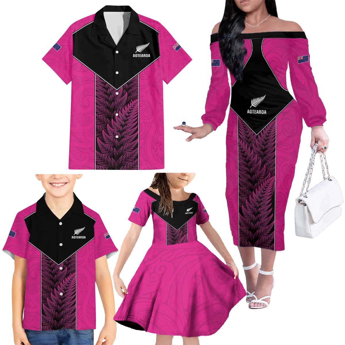 New Zealand Fern Rugby Custom Family Matching Off The Shoulder Long Sleeve Dress and Hawaiian Shirt Pink Maori Pattern
