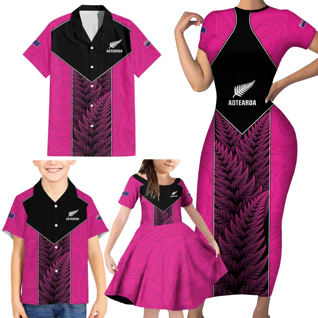 New Zealand Fern Rugby Custom Family Matching Short Sleeve Bodycon Dress and Hawaiian Shirt Pink Maori Pattern