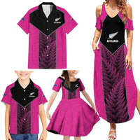 New Zealand Fern Rugby Custom Family Matching Summer Maxi Dress and Hawaiian Shirt Pink Maori Pattern