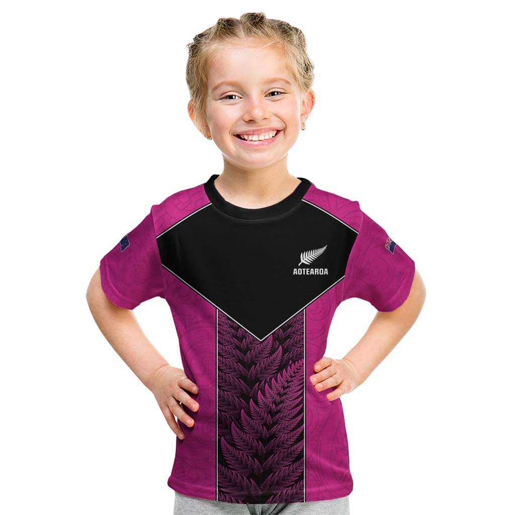 New Zealand Fern Rugby Custom Kid T Shirt Pink Maori Pattern