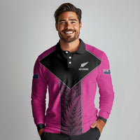 New Zealand Fern Rugby Custom Long Sleeve Polo Shirt Pink Maori Pattern