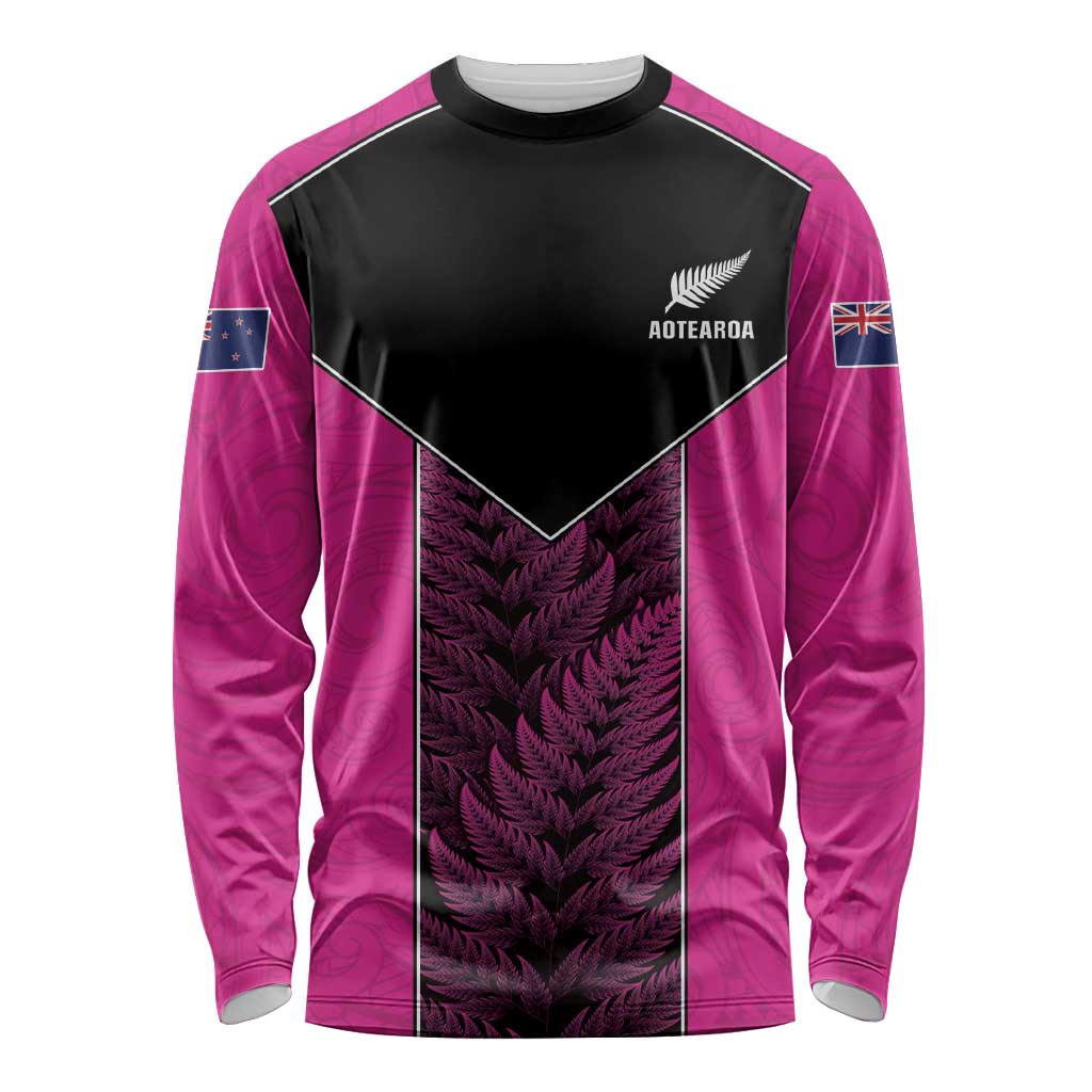New Zealand Fern Rugby Custom Long Sleeve Shirt Pink Maori Pattern