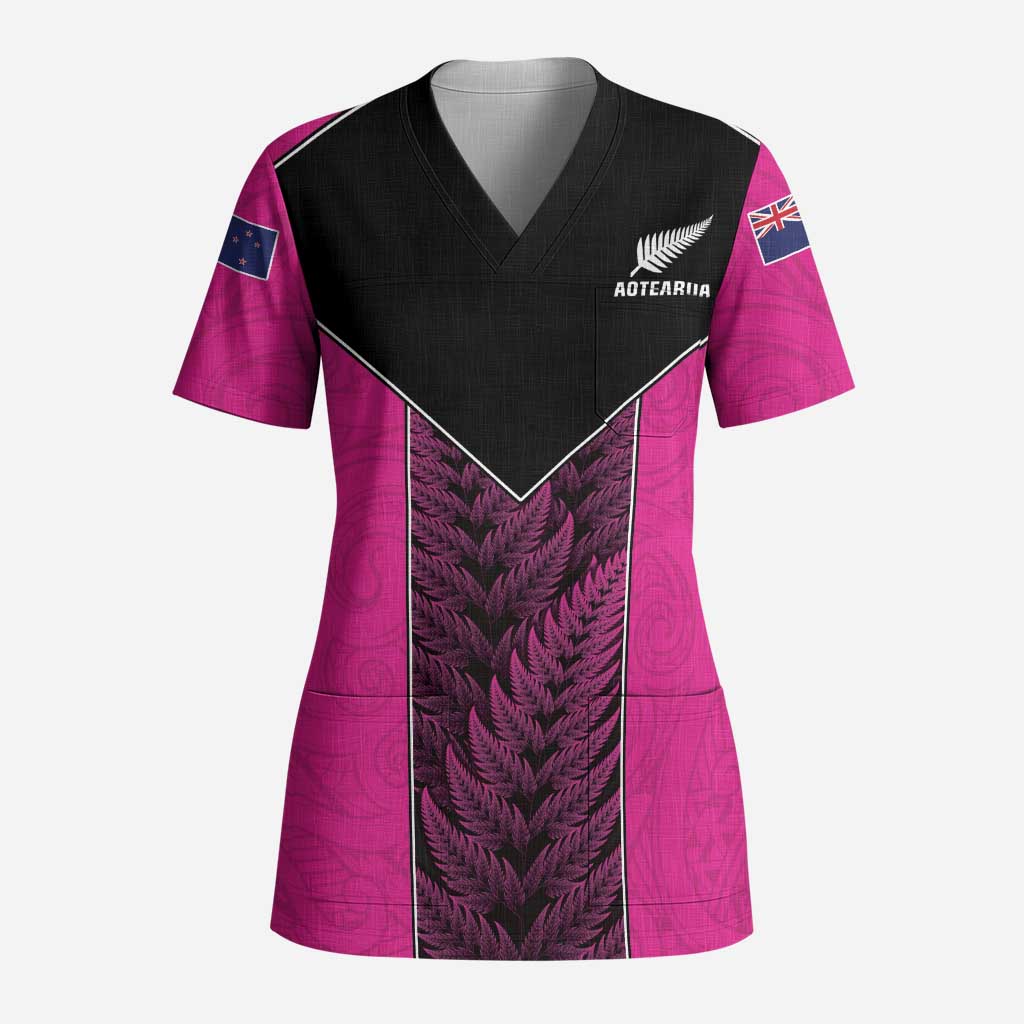 New Zealand Fern Rugby Custom Scrub Top Pink Maori Pattern - Polynesian Pride