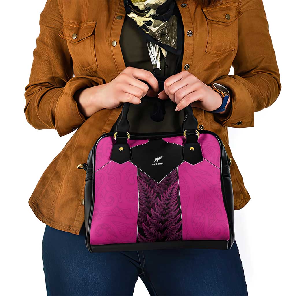 New Zealand Fern Rugby Shoulder Handbag Pink Maori Pattern