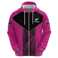 New Zealand Fern Rugby Custom Zip Hoodie Pink Maori Pattern