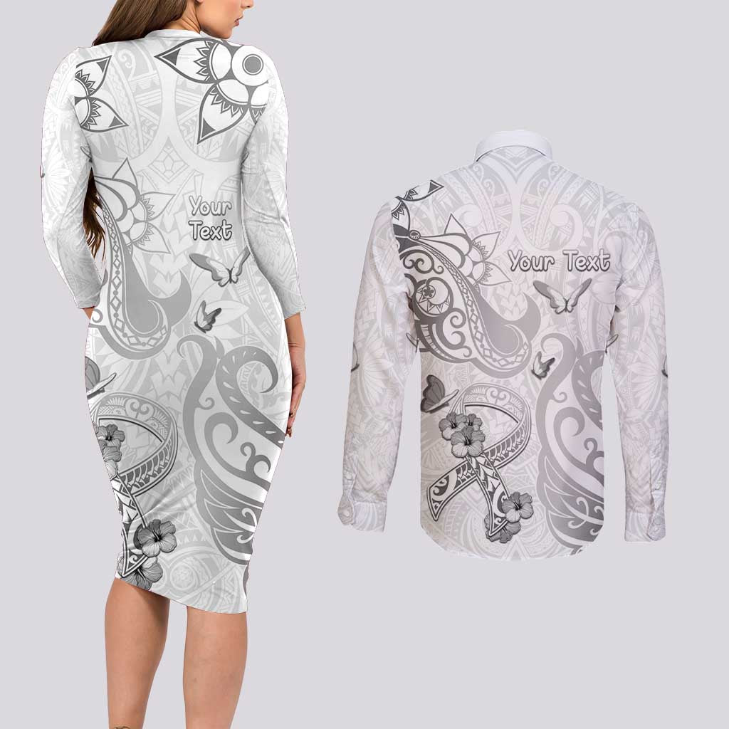 Personalised Brain Cancer Awareness Couples Matching Long Sleeve Bodycon Dress and Long Sleeve Button Shirt Ribbon Polynesian Pattern