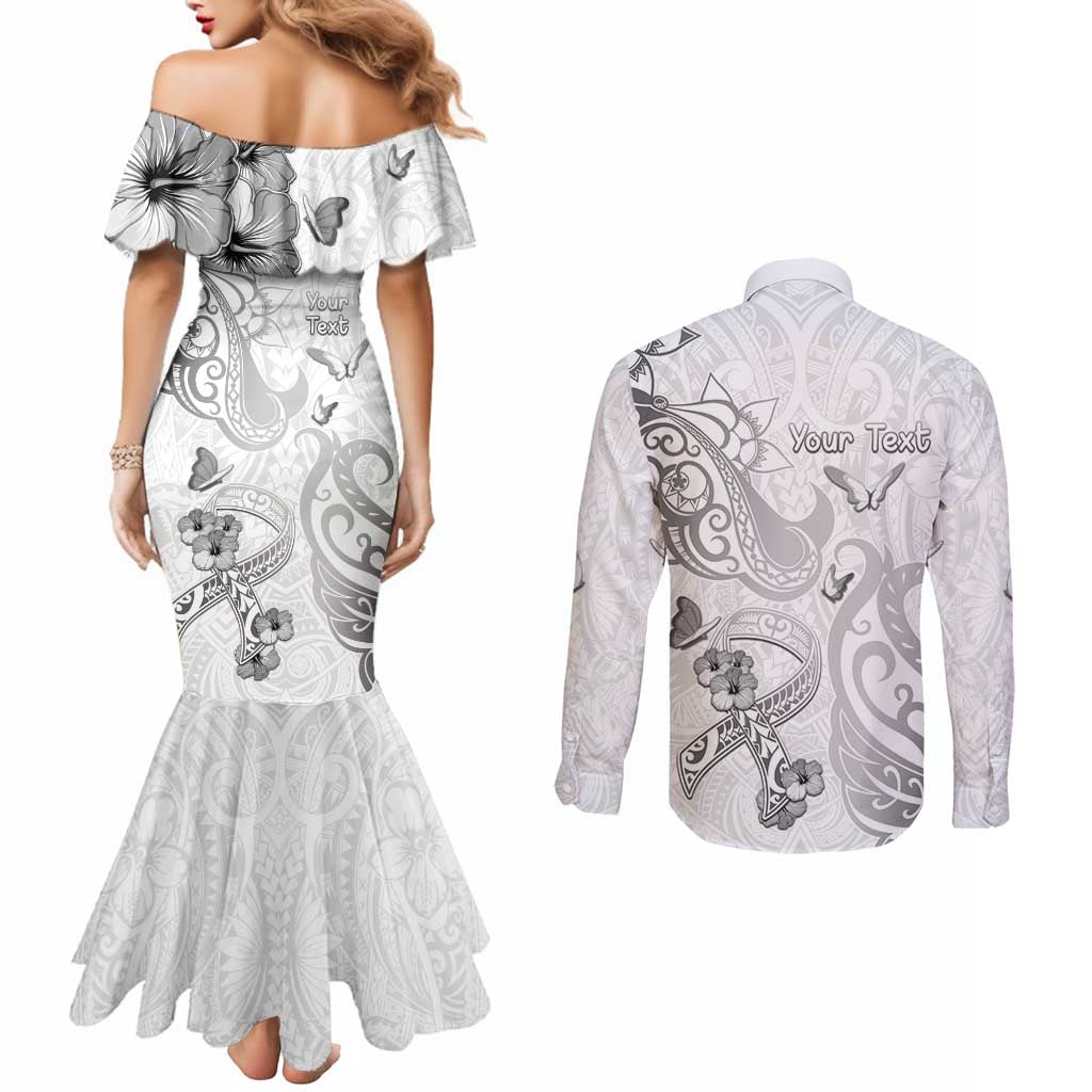 Personalised Brain Cancer Awareness Couples Matching Mermaid Dress and Long Sleeve Button Shirt Ribbon Polynesian Pattern